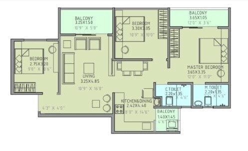 Floor plan of 3 BHK 745 Sq. Ft. Apartment in Austin Arena, Pune