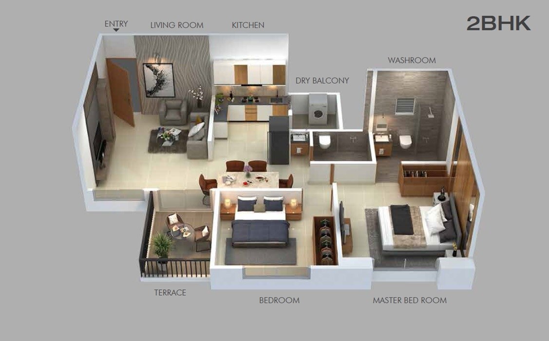 Floor plan of 2 BHK 579 Sq. Ft. Apartment in Austin County, Pune