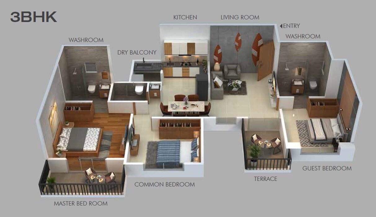Floor plan of 3 BHK 845 Sq. Ft. Apartment in Austin County, Pune