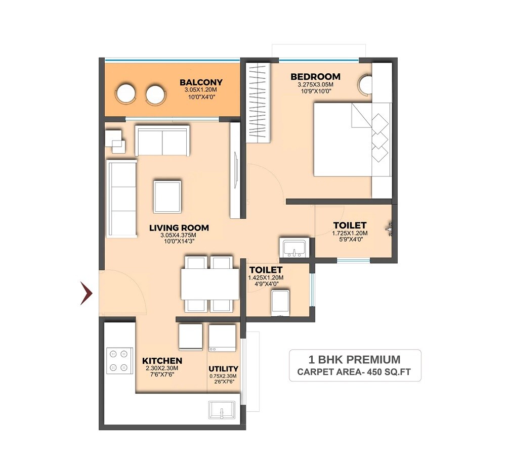 Floor plan of 1 BHK 450 Sq. Ft. Apartment in Austin Ira, Pune