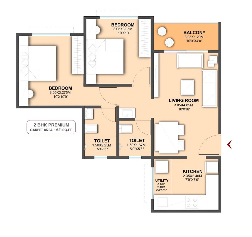 Floor plan of 2 BHK 621 Sq. Ft. Apartment in Austin Ira, Pune
