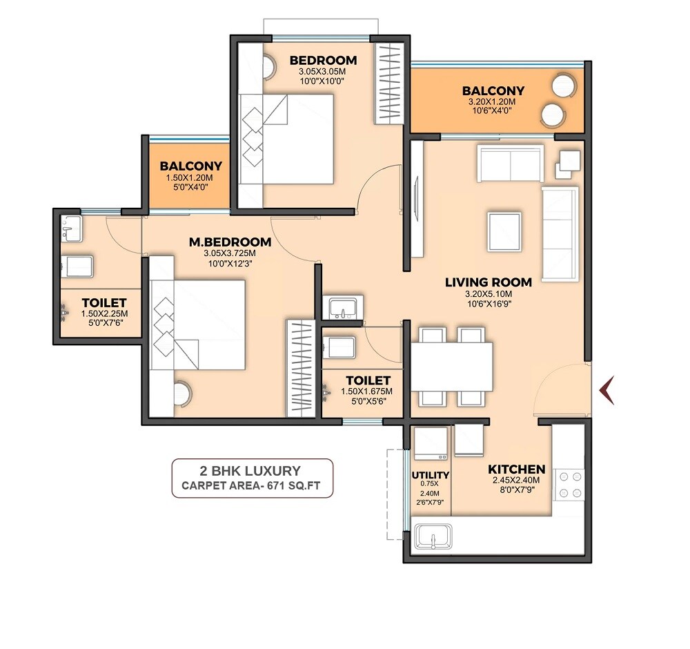 Floor plan of 2 BHK 671 Sq. Ft. Apartment in Austin Ira, Pune