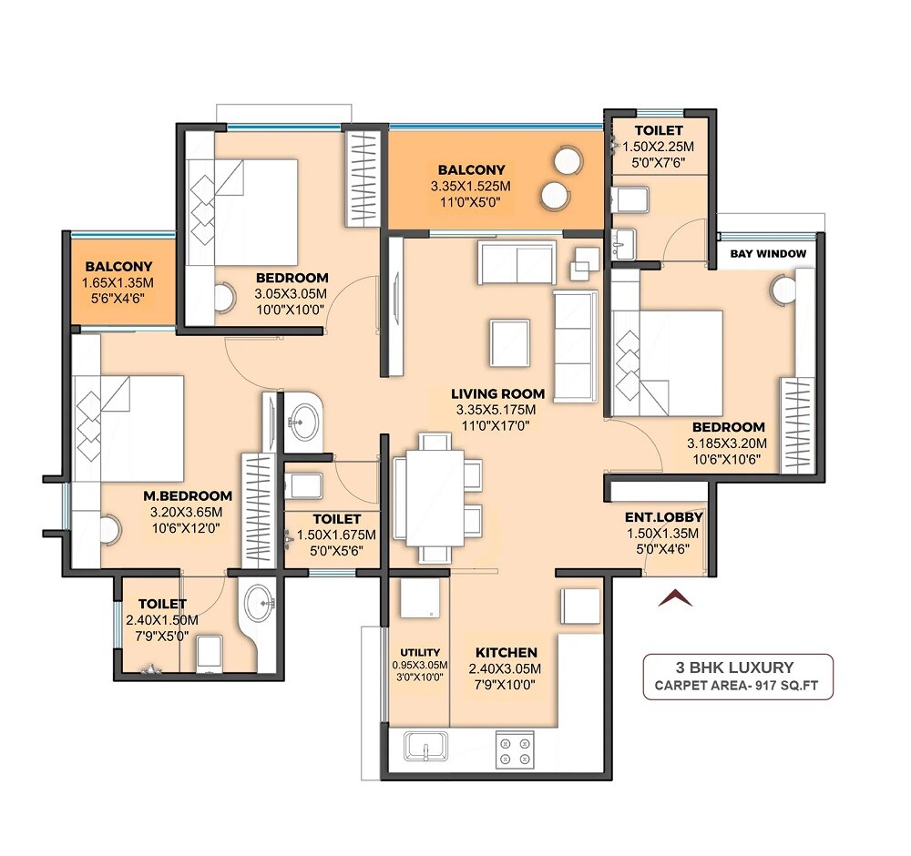 Floor plan of 3 BHK 917 Sq. Ft. Apartment in Austin Ira, Pune