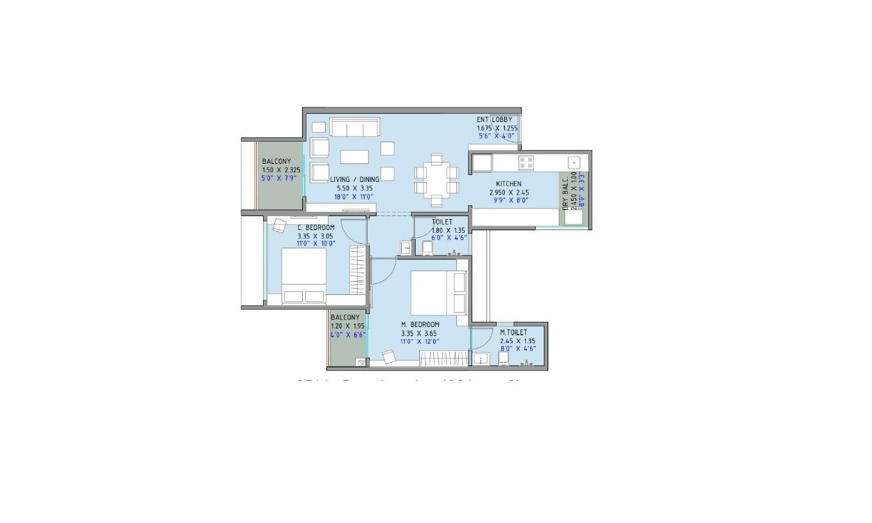 Floor plan of 2 BHK 713 Sq. Ft. Apartment in Austin Lush Residences, Pune