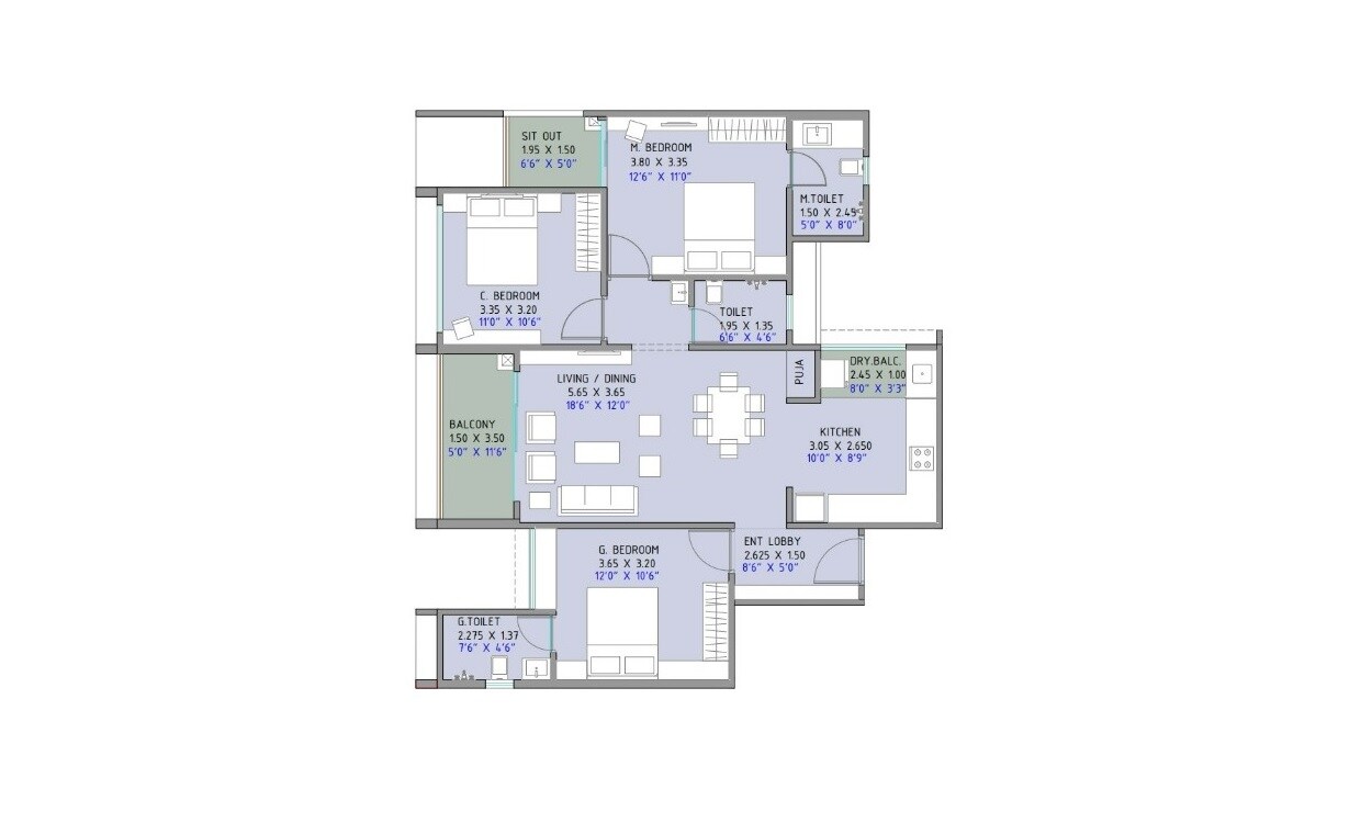 Floor plan of 3 BHK 982 Sq. Ft. Apartment in Austin Lush Residences, Pune
