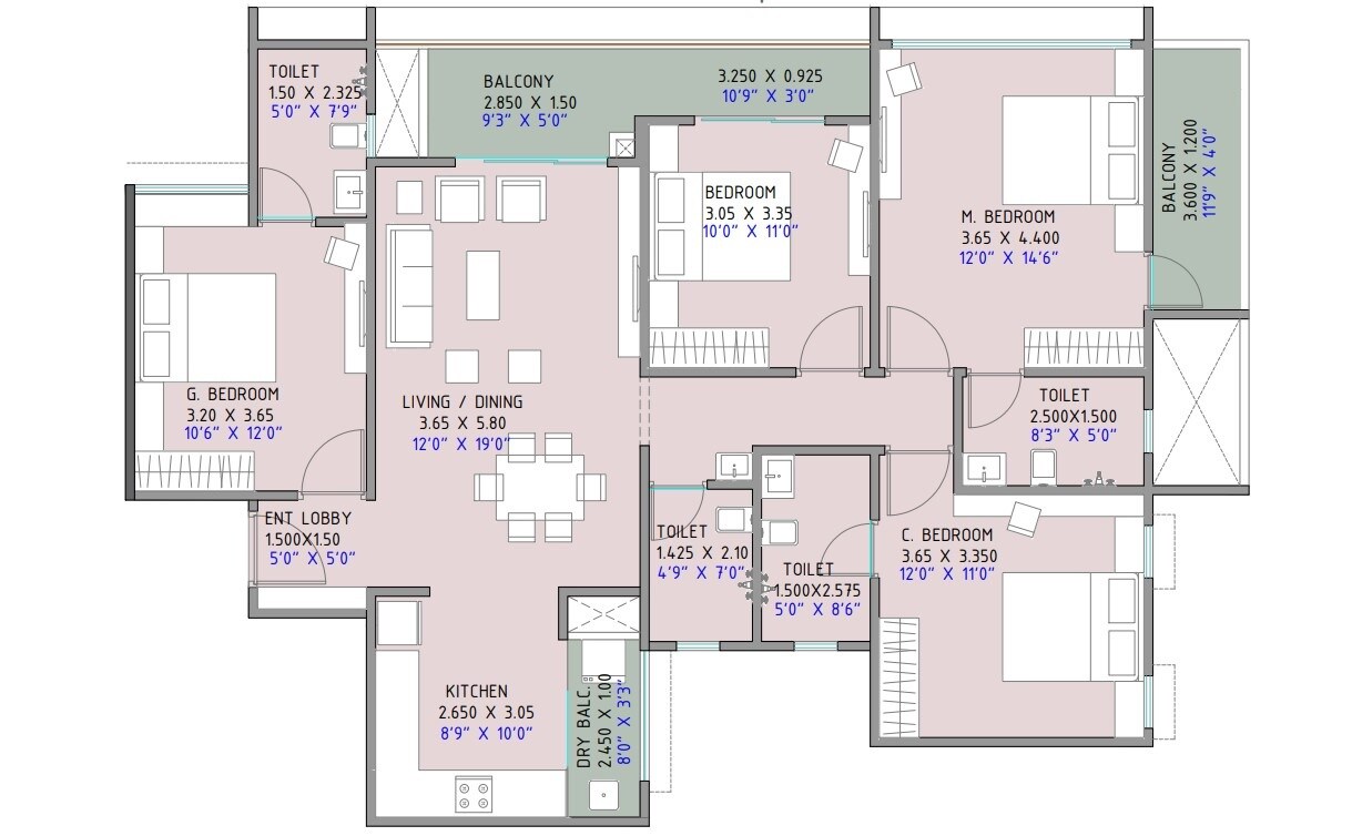 Floor plan of 4 BHK 1199 Sq. Ft. Apartment in Austin Lush Residences, Pune