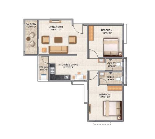 Floor plan of 2 BHK 564 Sq. Ft. Apartment in Austin Oaks, Pune