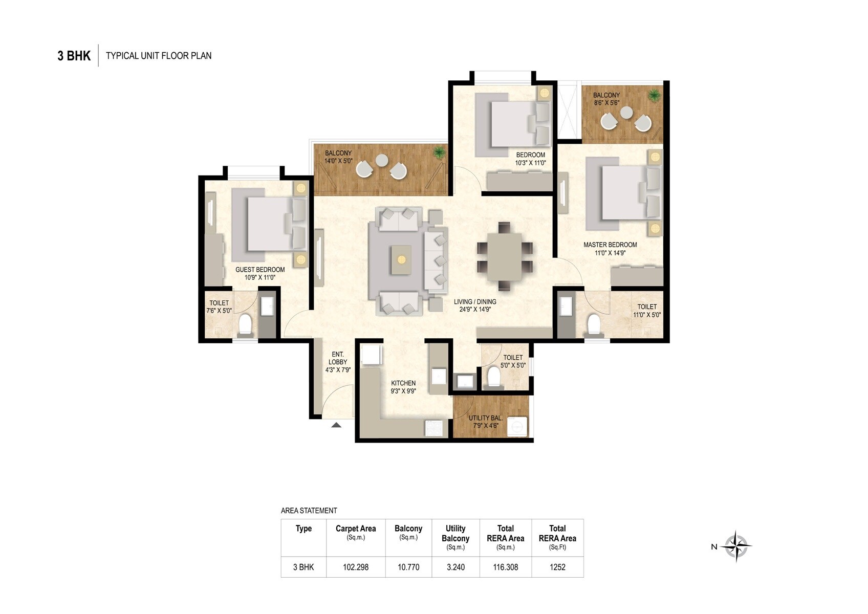 Floor plan of 3 BHK 1244 Sq. Ft. Apartment in Austin One, Pune