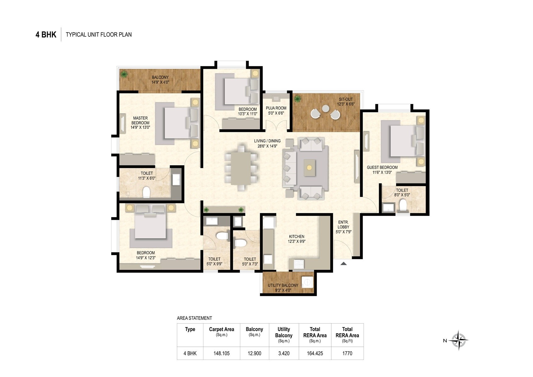 Floor plan of 4 BHK 1770 Sq. Ft. Apartment in Austin One, Pune