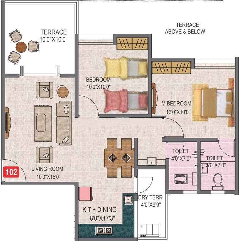 Floor plan of 2 BHK 897 Sq. Ft. Apartment in Austin Porwal Regalia, Pune