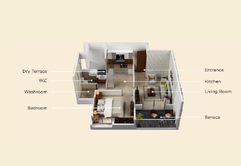 Floor plan of 1 BHK 330 Sq. Ft. Apartment in Austin Vallabh, Pune