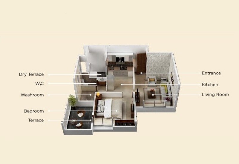 Floor plan of 1 BHK 377 Sq. Ft. Apartment in Austin Vallabh, Pune