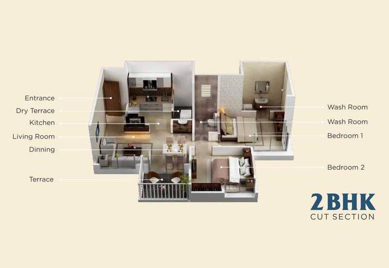Floor plan of 2 BHK 529 Sq. Ft. Apartment in Austin Vallabh, Pune