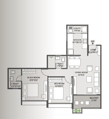 Floor plan of 2 BHK 798 Sq. Ft. Apartment in Austin Yana, Pune