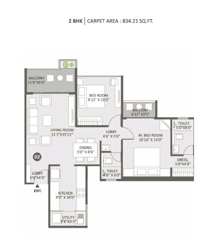 Floor plan of 2 BHK 834 Sq. Ft. Apartment in Austin Yana, Pune