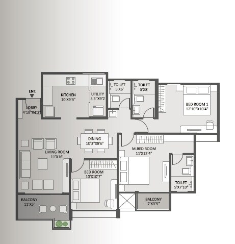 Floor plan of 3 BHK 1085 Sq. Ft. Apartment in Austin Yana, Pune