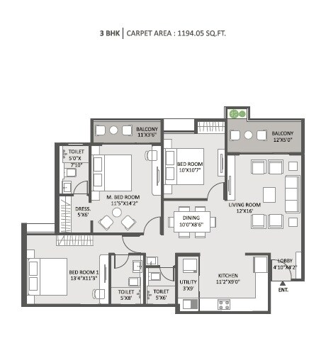 Floor plan of 3 BHK 1194 Sq. Ft. Apartment in Austin Yana, Pune