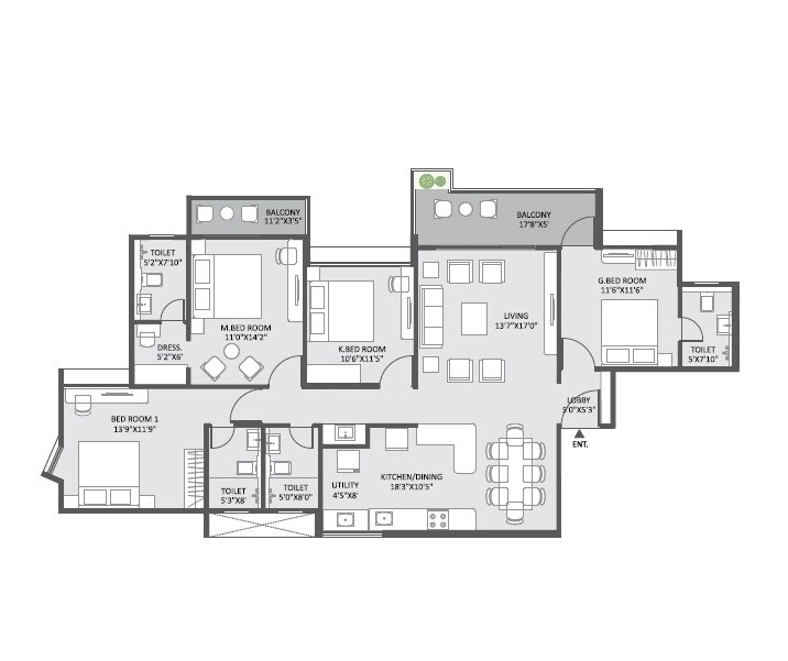 Floor plan of 4 BHK 1542 Sq. Ft. Apartment in Austin Yana, Pune