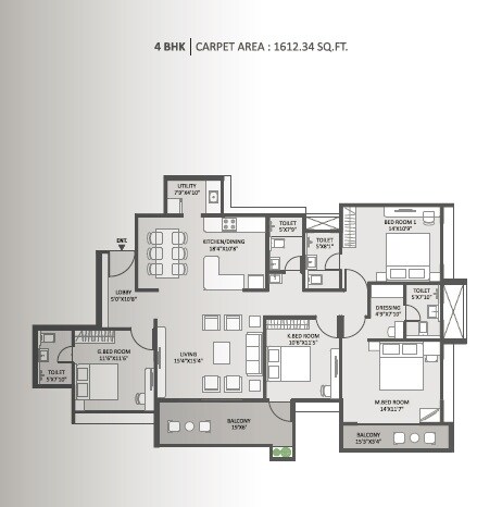 Floor plan of 4 BHK 1612 Sq. Ft. Apartment in Austin Yana, Pune