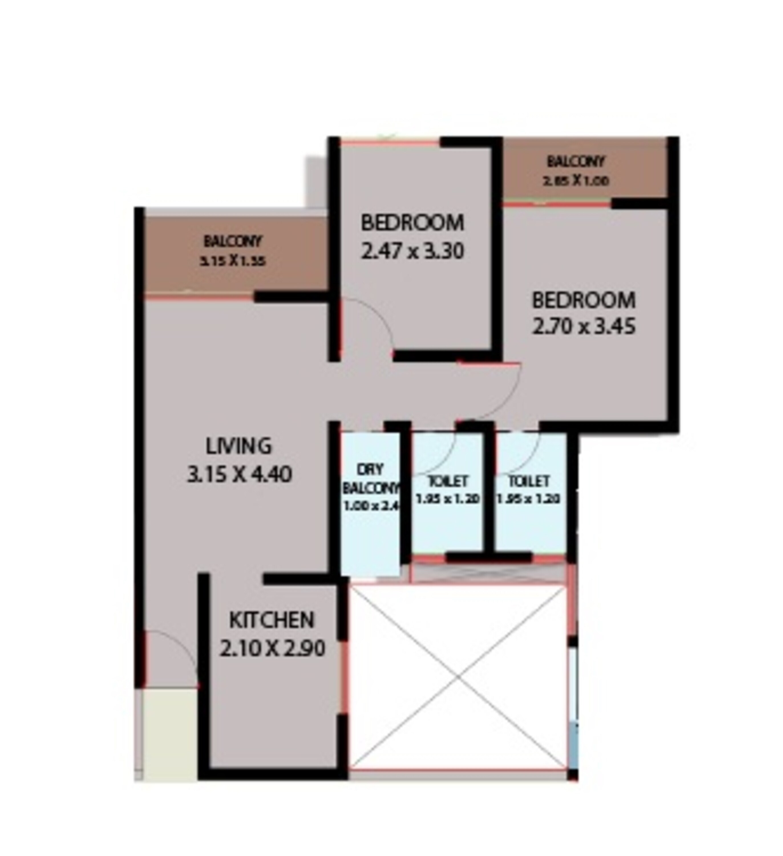 Floor plan of 2 BHK 565 Sq. Ft. Apartment in Auti Onkar Greens, Pune