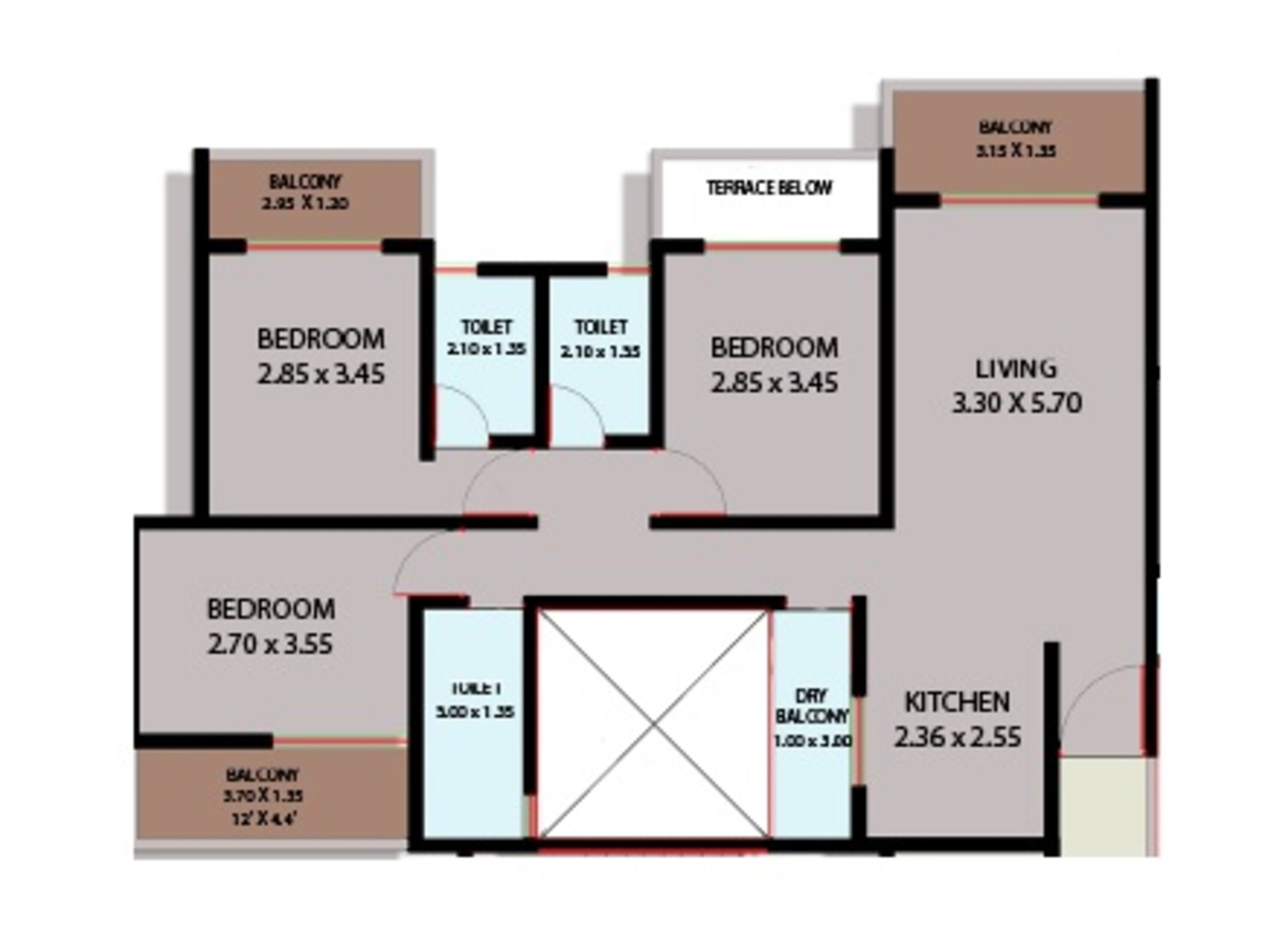 Floor plan of 3 BHK 1150 Sq. Ft. Apartment in Auti Onkar Greens, Pune