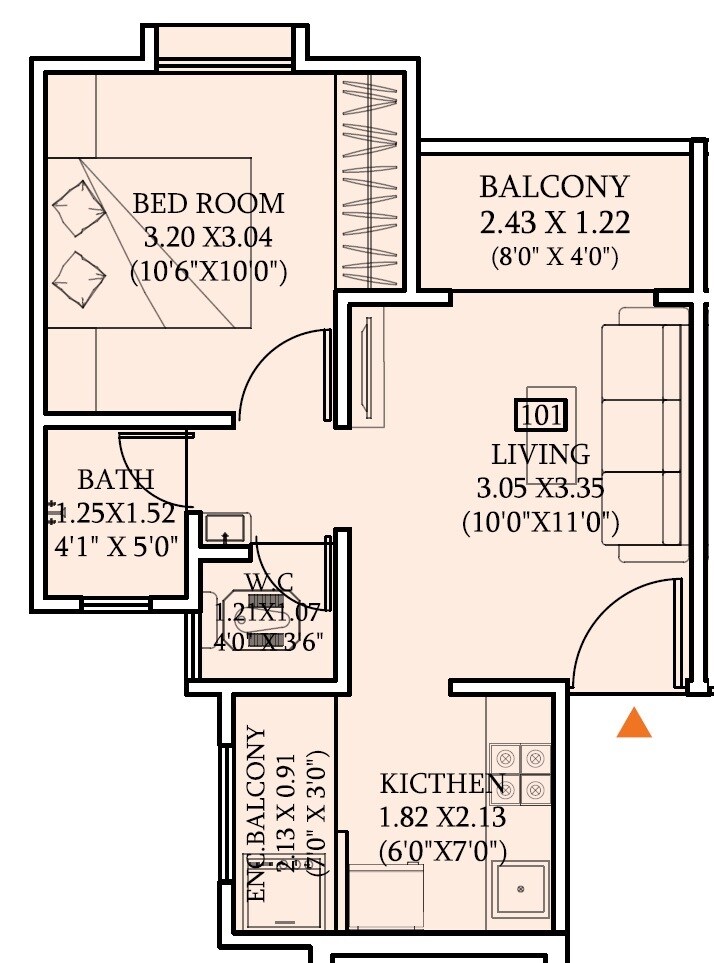 Floor plan of 1 BHK 374 Sq. Ft. Apartment in AV Anandam, Pune