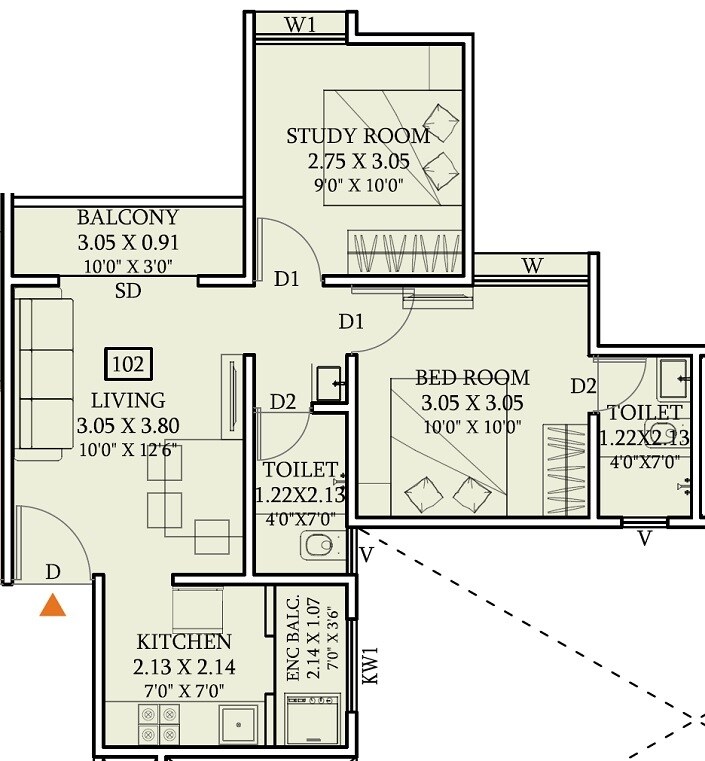 Floor plan of 1 BHK 524 Sq. Ft. Apartment in AV Anandam, Pune