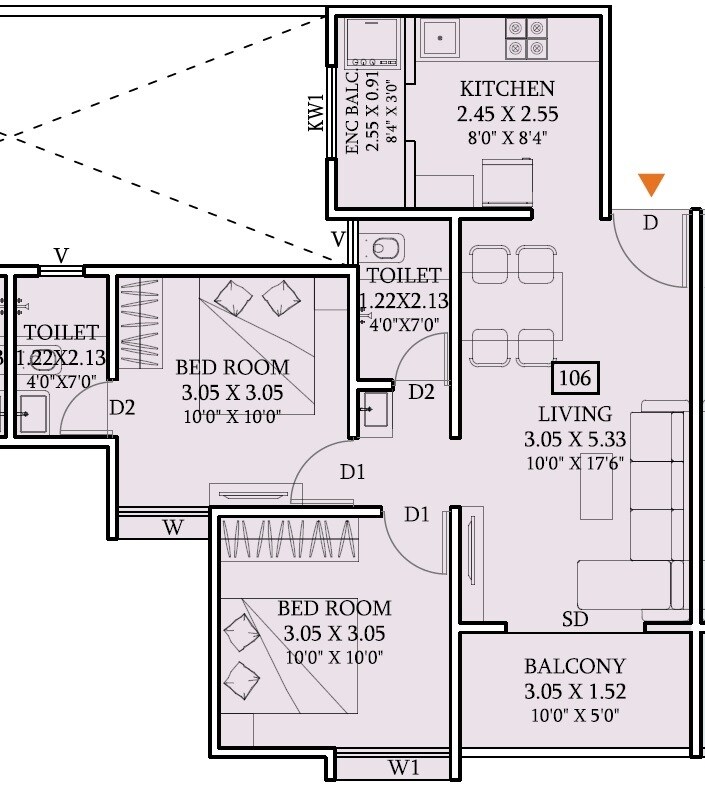 Floor plan of 2 BHK 629 Sq. Ft. Apartment in AV Anandam, Pune