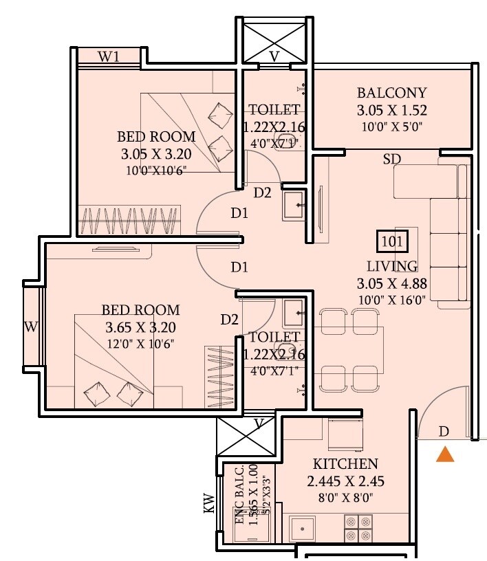 Floor plan of 2 BHK 647 Sq. Ft. Apartment in AV Anandam, Pune