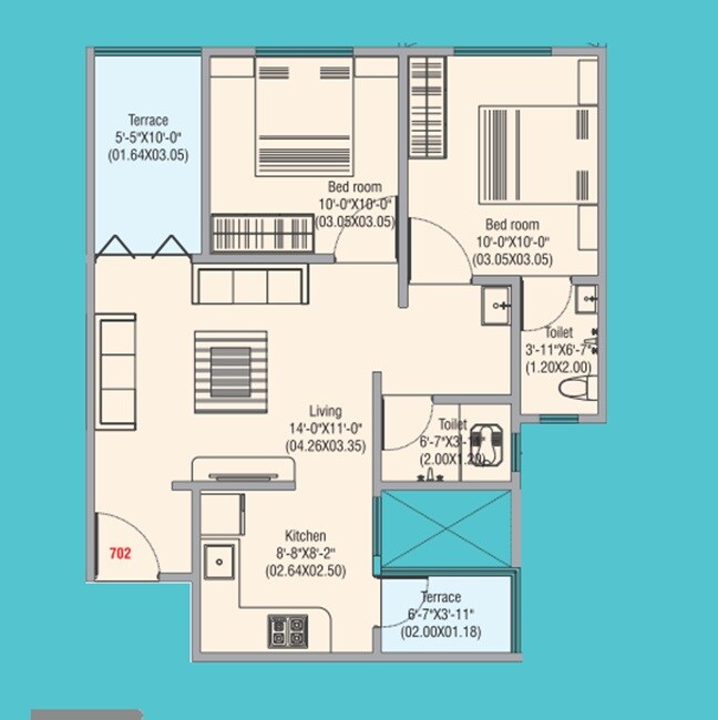 Floor plan of 2 BHK 627 Sq. Ft. Apartment in AV Vitthal Capital, Pune