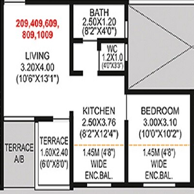 Floor plan of 1 BHK 306 Sq. Ft. Apartment in AV Vitthal Landmark, Pune