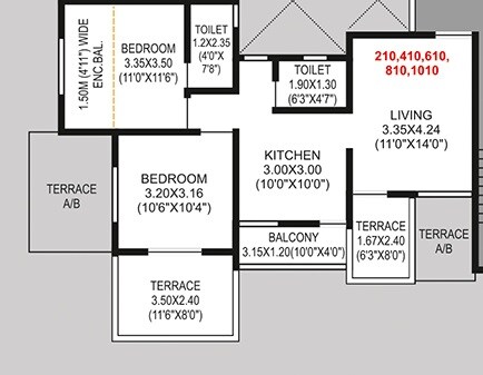 Floor plan of 2 BHK 726 Sq. Ft. Apartment in AV Vitthal Landmark, Pune