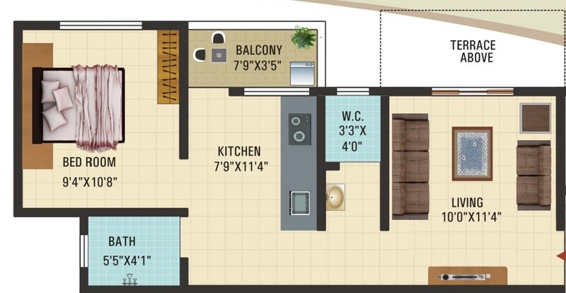 Floor plan of 1 BHK Apartment - 554 sq. ft. in AV Vitthal Teerth, Pune