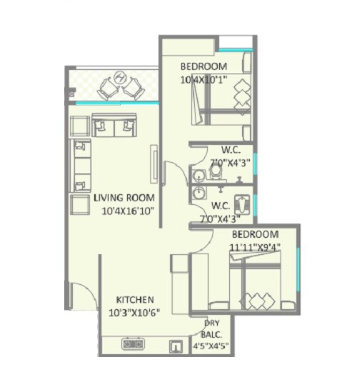 Floor plan of 2 BHK 708 Sq. Ft. Apartment in Avani Nilay, Pune
