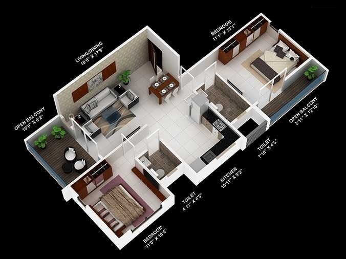 Floor plan of 2 BHK 553 Sq. Ft. Apartment in Avika Periwinkle, Pune