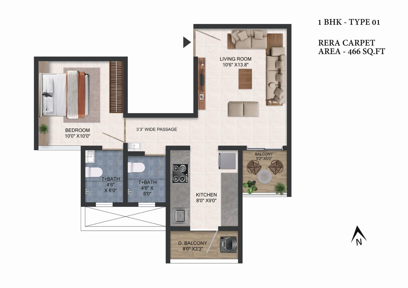 Floor plan of 1 BHK 466 Sq. Ft. Apartment in Avika Royal Paradise, Pune