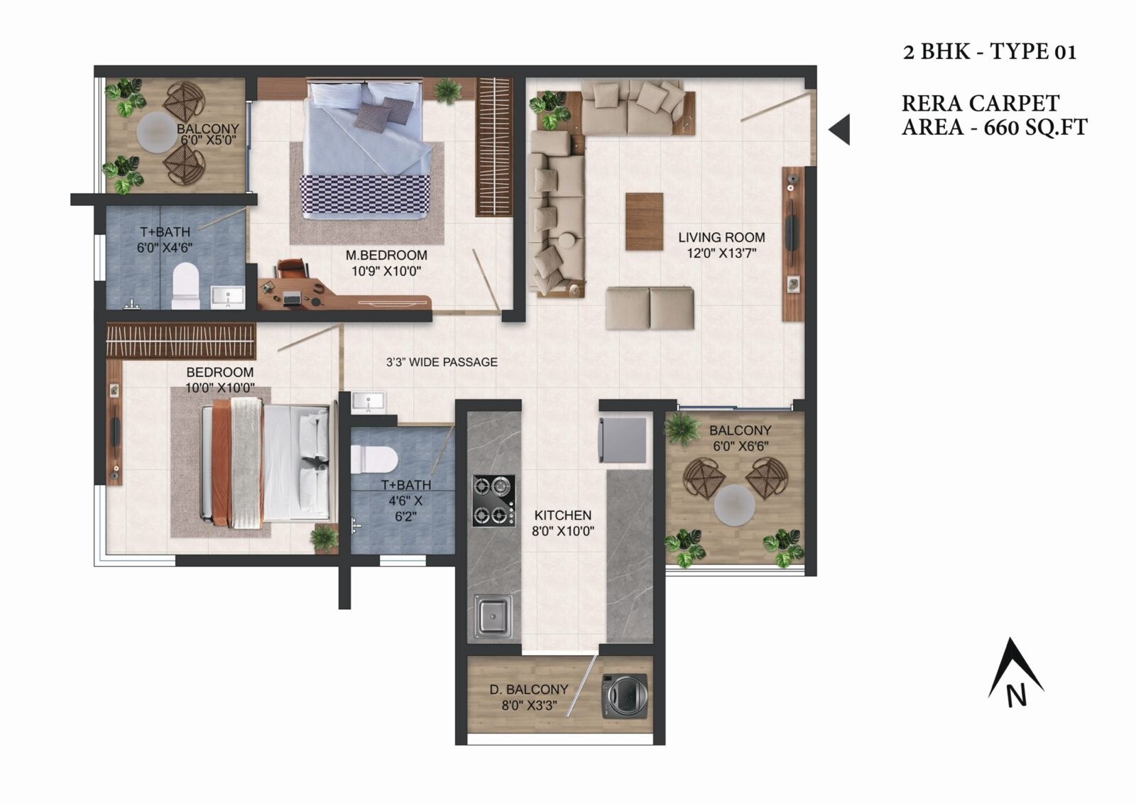 Floor plan of 2 BHK 660 Sq. Ft. Apartment in Avika Royal Paradise, Pune