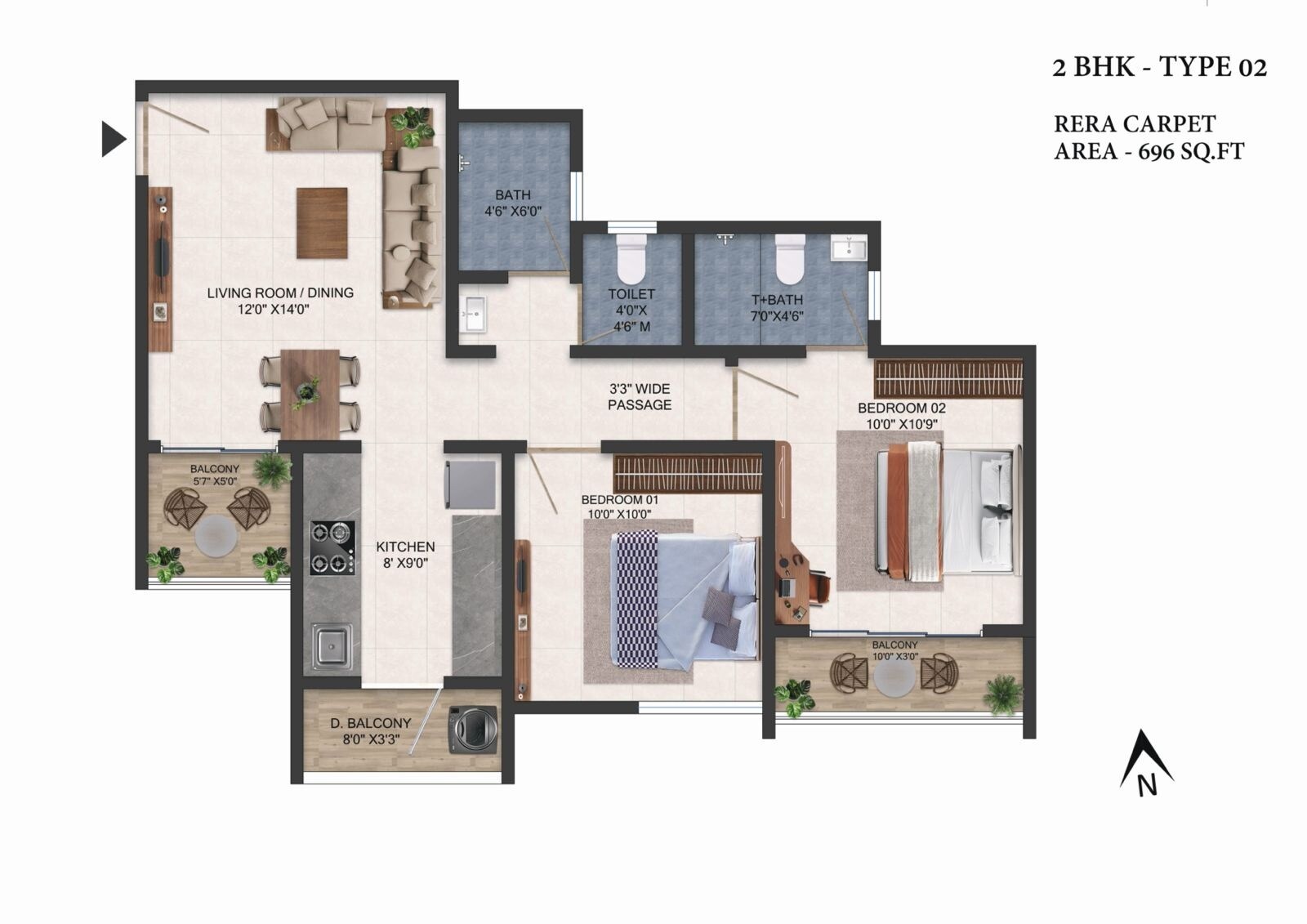 Floor plan of 2 BHK 696 Sq. Ft. Apartment in Avika Royal Paradise, Pune