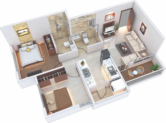 Floor plan of 2 BHK 722 Sq. Ft. Apartment in Avior Tirupati, Pune