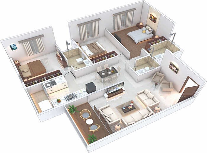 Floor plan of 3 BHK 839 Sq. Ft. Apartment in Avior Tirupati, Pune