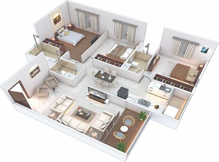 Floor plan of 3 BHK 970 Sq. Ft. Apartment in Avior Tirupati, Pune