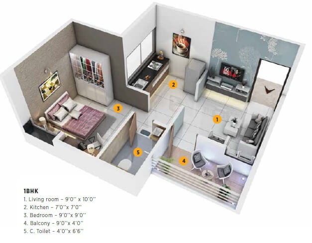 Floor plan of 1 BHK 283 Sq. Ft. Apartment in Avior Vanalika, Pune