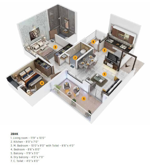Floor plan of 2 BHK 464 Sq. Ft. Apartment in Avior Vanalika, Pune
