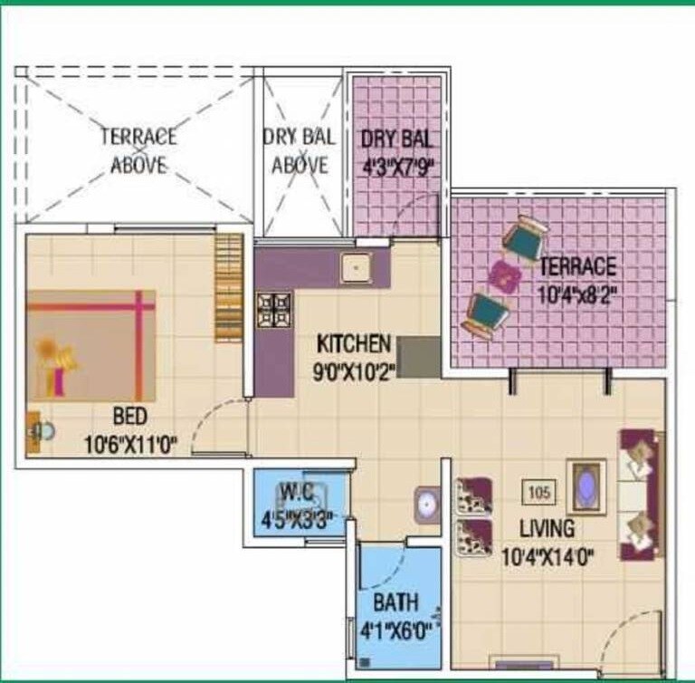 Floor plan of 1 BHK 388 Sq. Ft. Apartment in Avirat Elegance Residency, Pune