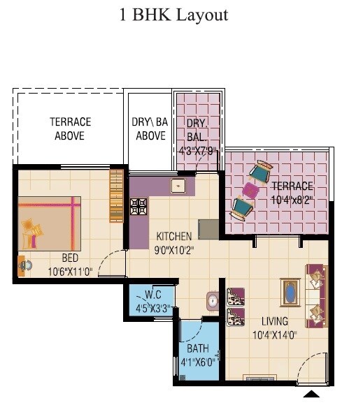Floor plan of 1 BHK 385 Sq. Ft. Apartment in Avirat Elegance Residency, Pune
