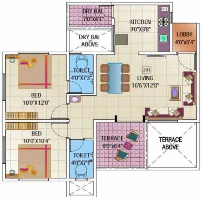 Floor plan of 2 BHK 515 Sq. Ft. Apartment in Avirat Elegance Residency, Pune