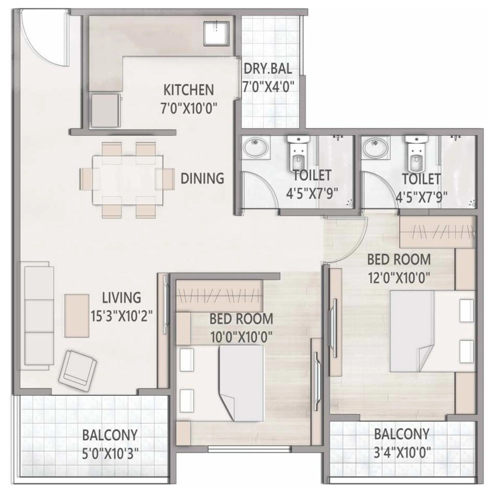 Floor plan of 2 BHK 736 Sq. Ft. Apartment in Avishkar Ridhima, Pune