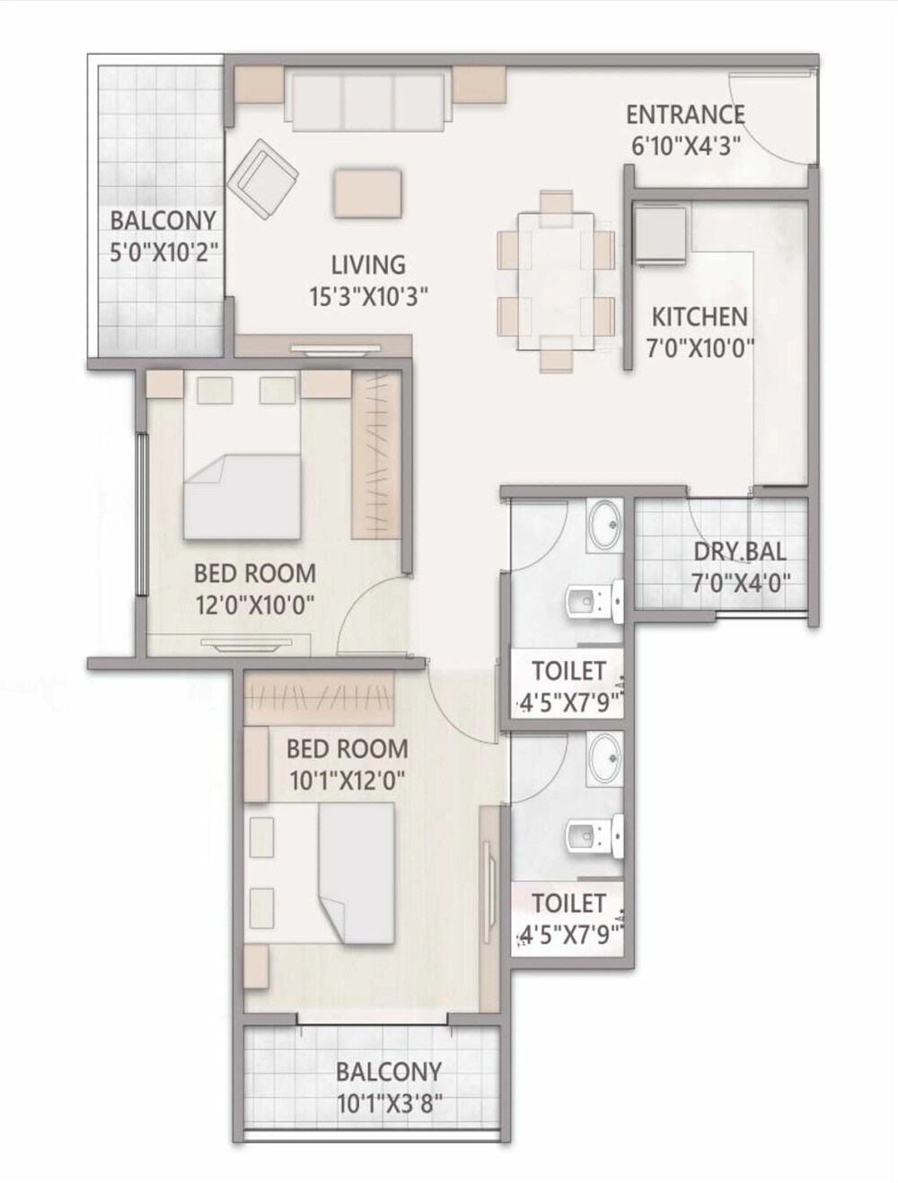 Floor plan of 2 BHK 813 Sq. Ft. Apartment in Avishkar Ridhima, Pune