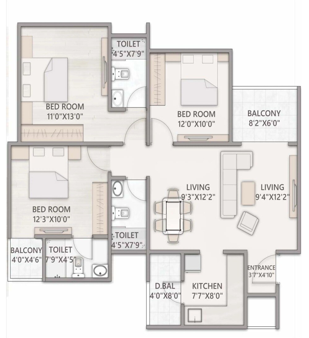 Floor plan of 3 BHK 1029 Sq. Ft. Apartment in Avishkar Ridhima, Pune