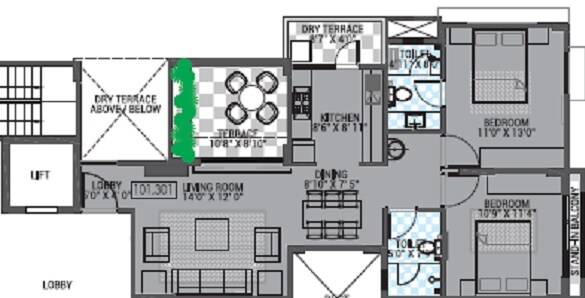 2 BHK 828 Sq. Ft. Apartment